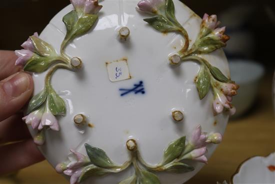 A Meissen floral encrusted cup and saucer, a similar teapot, a Chinese teabowl, two jugs and a scent bottle